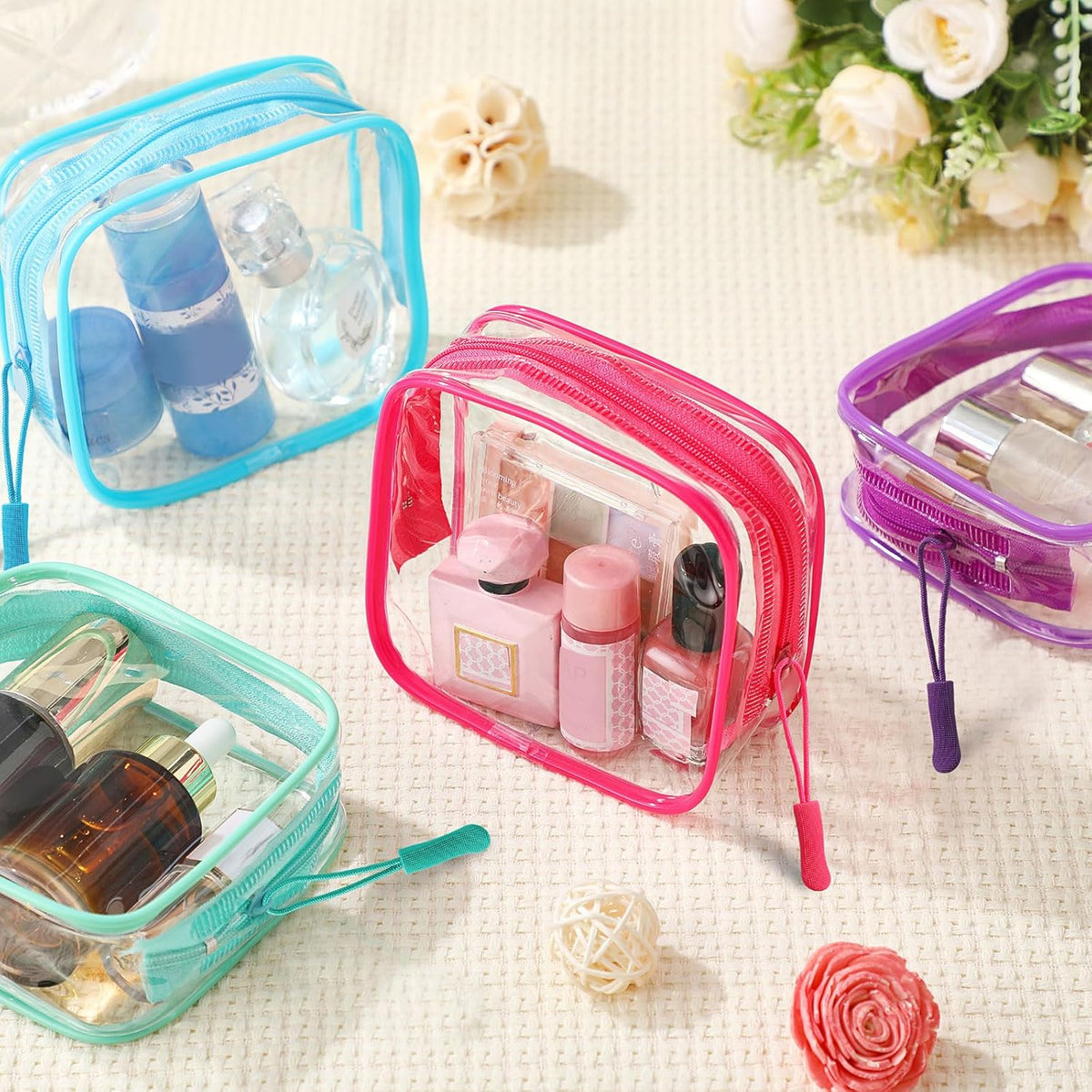 12 Pcs Iridescent Holographic Clear Cosmetic Makeup Bags with Zipper Tsa Approved Pouches Bulk for Travel Transparent PVC Waterproof Carry Pouches Organizer Case for Men Women