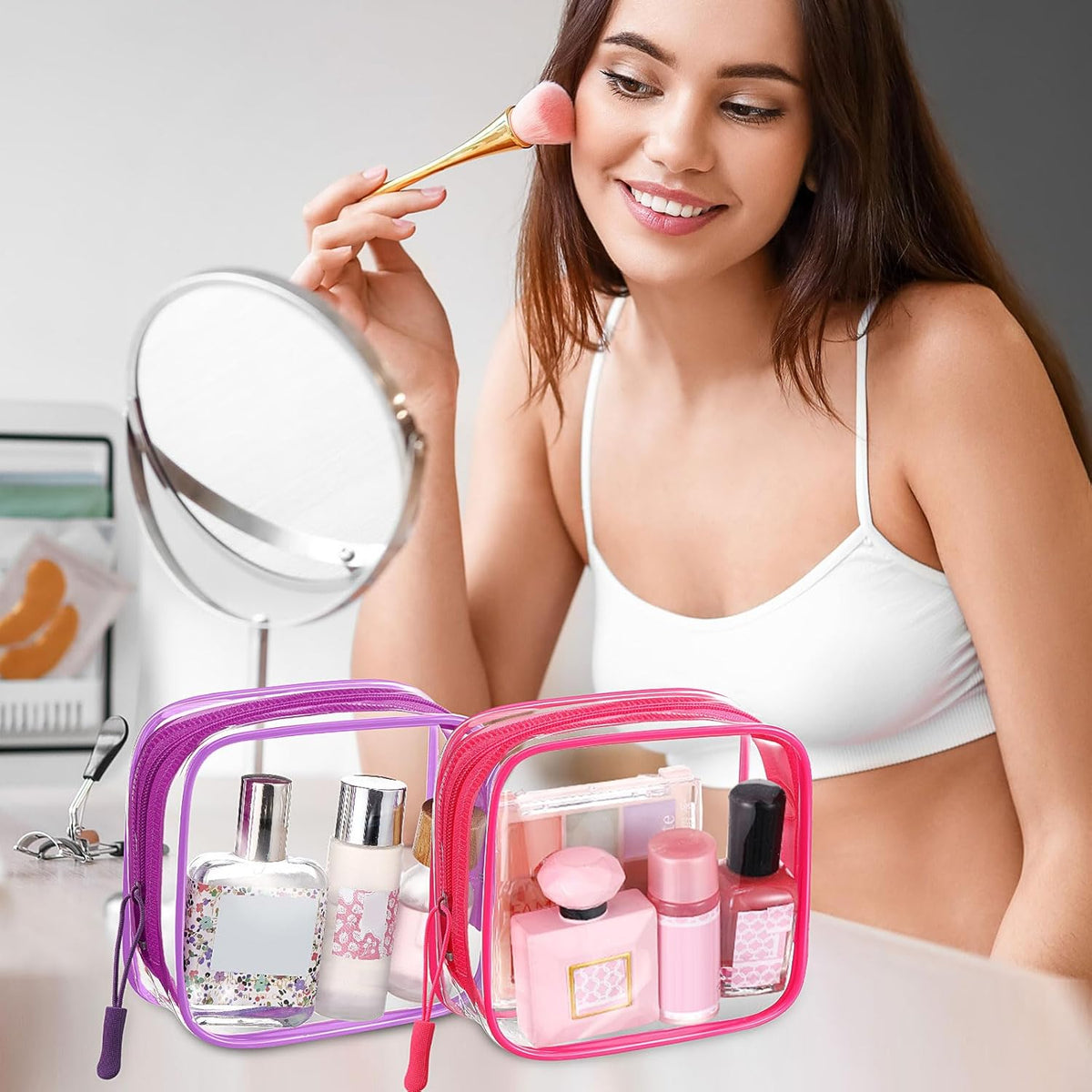 12 Pcs Iridescent Holographic Clear Cosmetic Makeup Bags with Zipper Tsa Approved Pouches Bulk for Travel Transparent PVC Waterproof Carry Pouches Organizer Case for Men Women