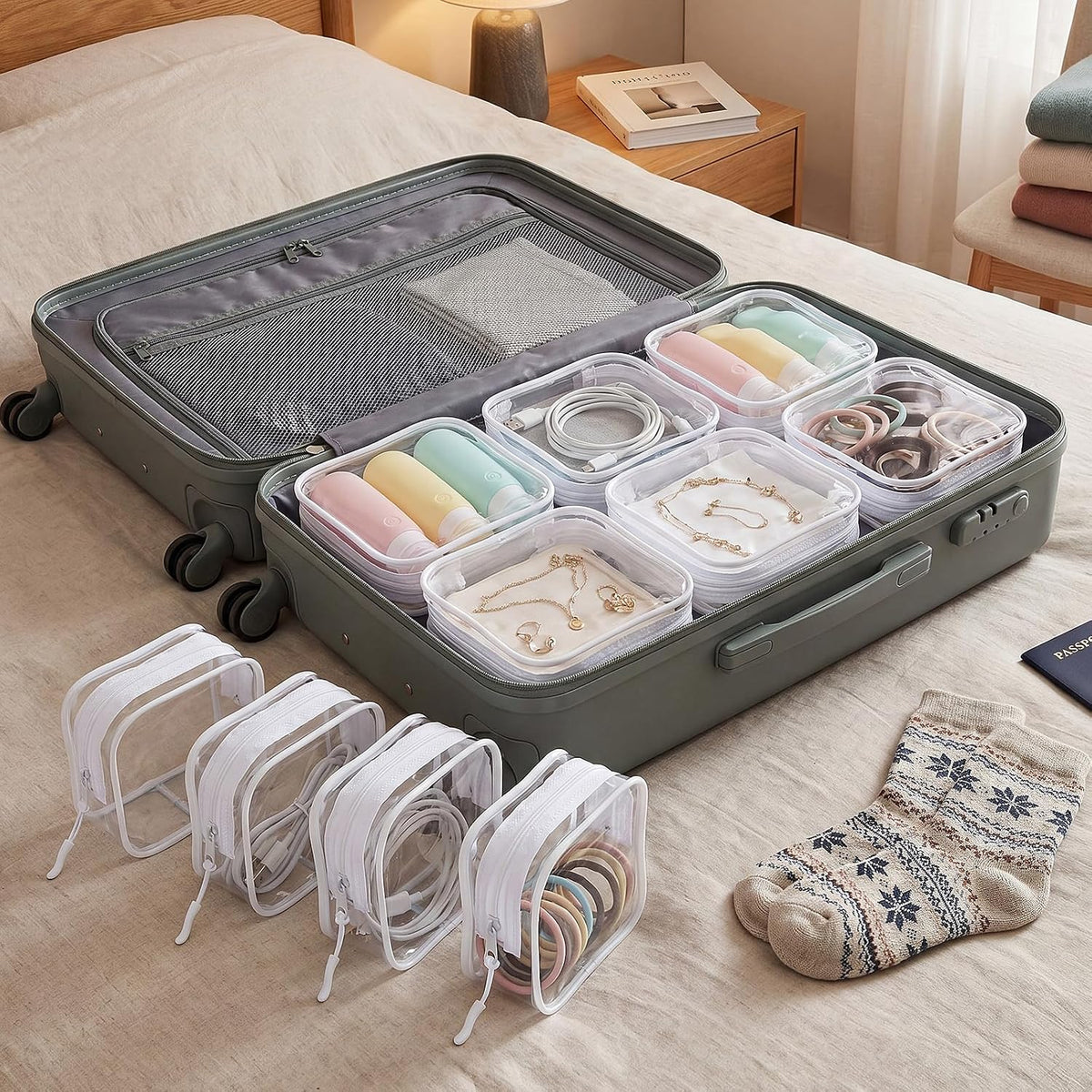 12 Pcs Iridescent Holographic Clear Cosmetic Makeup Bags with Zipper Tsa Approved Pouches Bulk for Travel Transparent PVC Waterproof Carry Pouches Organizer Case for Men Women