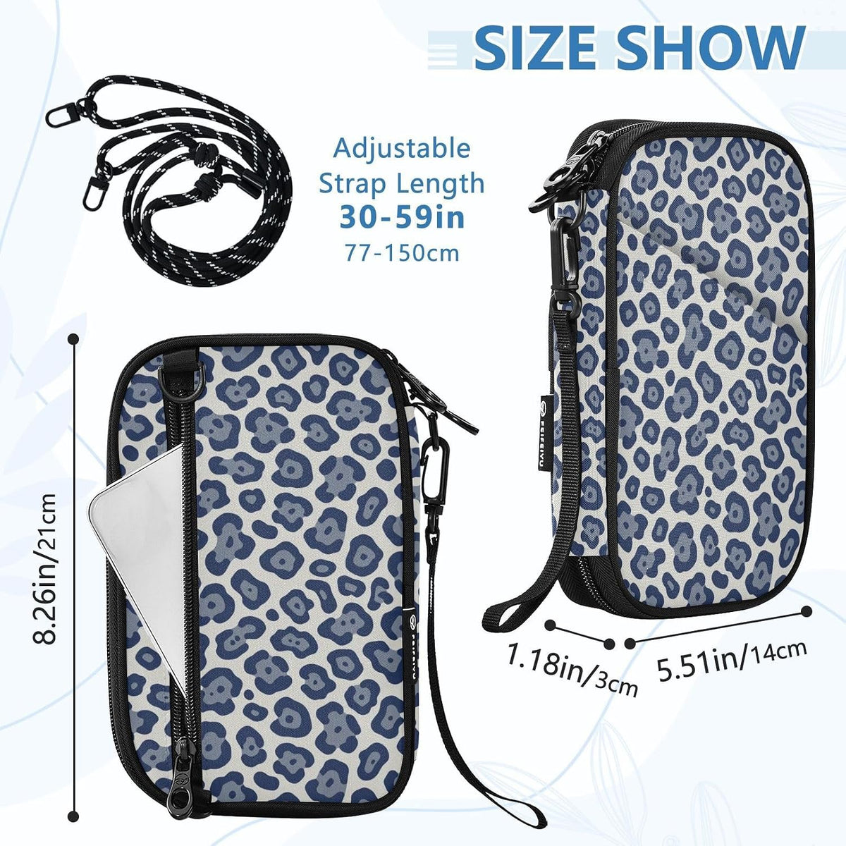 Multi-Slot Travel Document Organizer 8.26×5.51×1.18 In | Polyester Oxford Sturdy Shape Detachable Strap for Men Women Vacation Navy Leopard