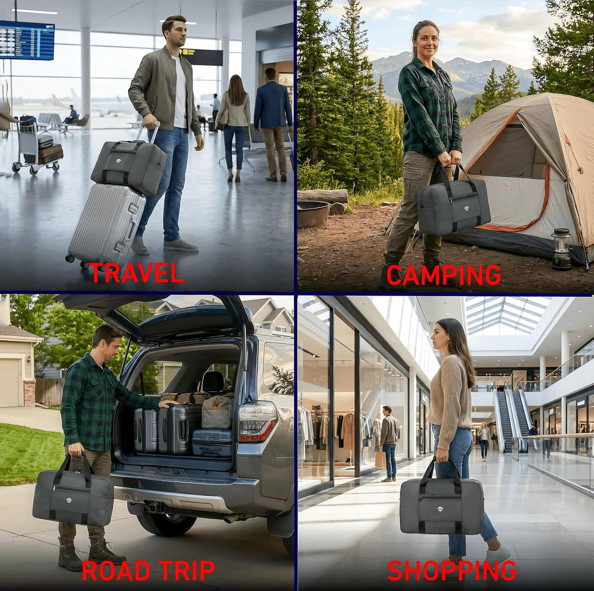 USA Travel Tote Bag for Men/Women 40L Weekender Overnight Carry on Luggage Bag Foldable/Collapsible Everyday Duffle Travel Bag for Camping, Road Trip, Shopping Handle & Shoulder Carry