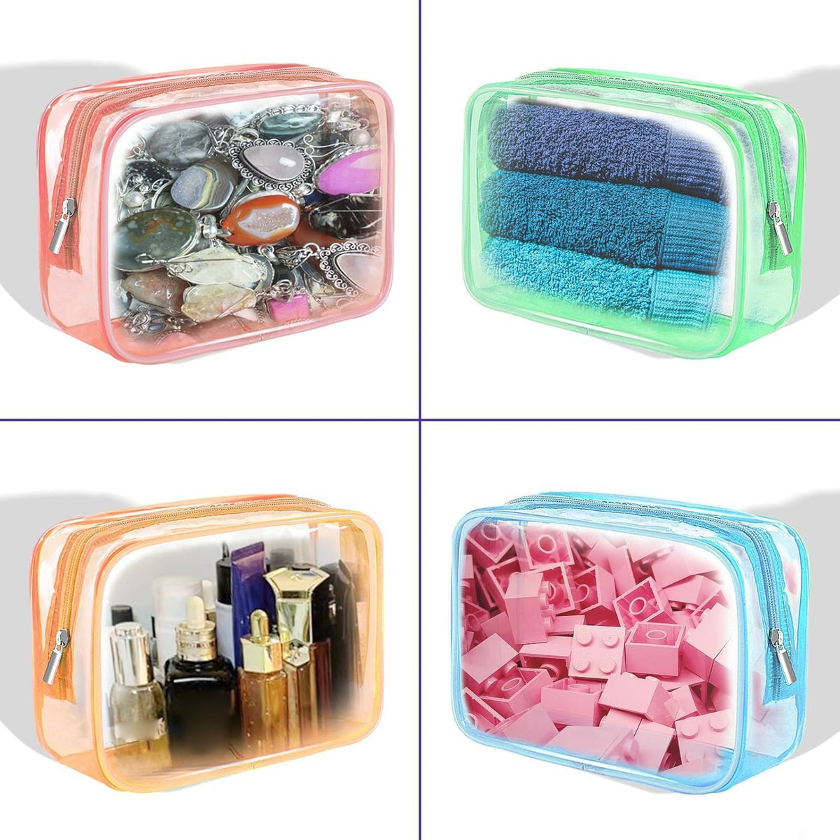Clear Makeup Bag (4 Packs), Small TSA Approved Toiletry Bags for Traveling Small Size Cosmetic Storage Pouches for Women Organizer with Zipper Pink Orange Green Blue