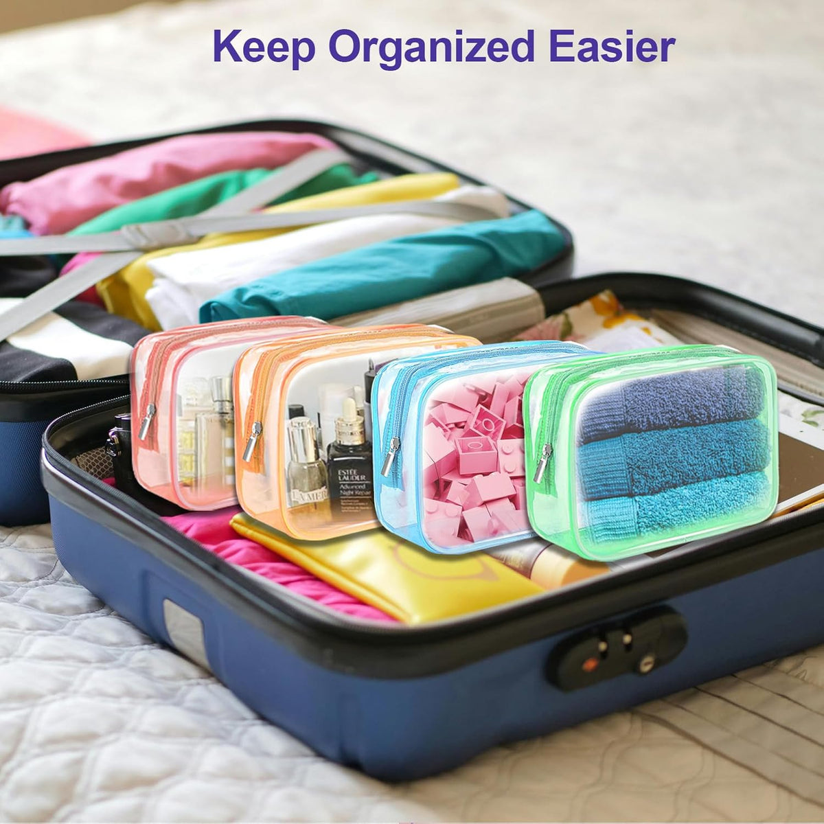 Clear Makeup Bag (4 Packs), Small TSA Approved Toiletry Bags for Traveling Small Size Cosmetic Storage Pouches for Women Organizer with Zipper Pink Orange Green Blue