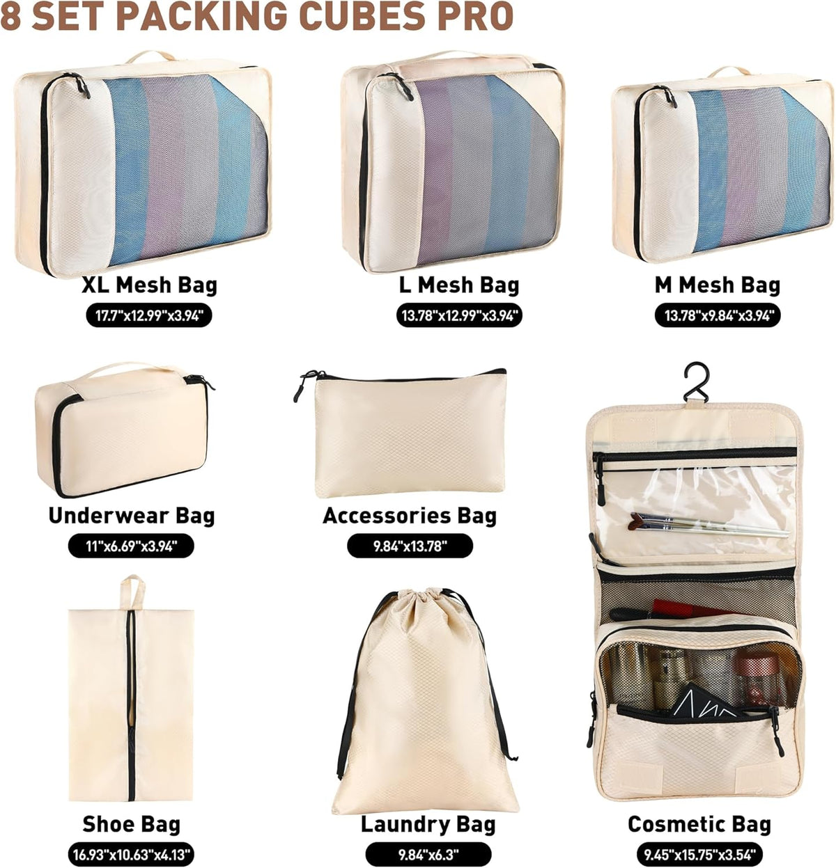 8-Piece Packing Cubes for Travel, 2026 Upgraded Durable Zippers & Reinforced Mesh, Complete Luggage Organizer Set with Shoe/Toiletry/Laundry Bags, 4 Sizes for Suitcase, Men Women, (Purple)