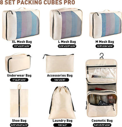 8-Piece Packing Cubes for Travel, 2026 Upgraded Durable Zippers & Reinforced Mesh, Complete Luggage Organizer Set with Shoe/Toiletry/Laundry Bags, 4 Sizes for Suitcase, Men Women, (Purple)