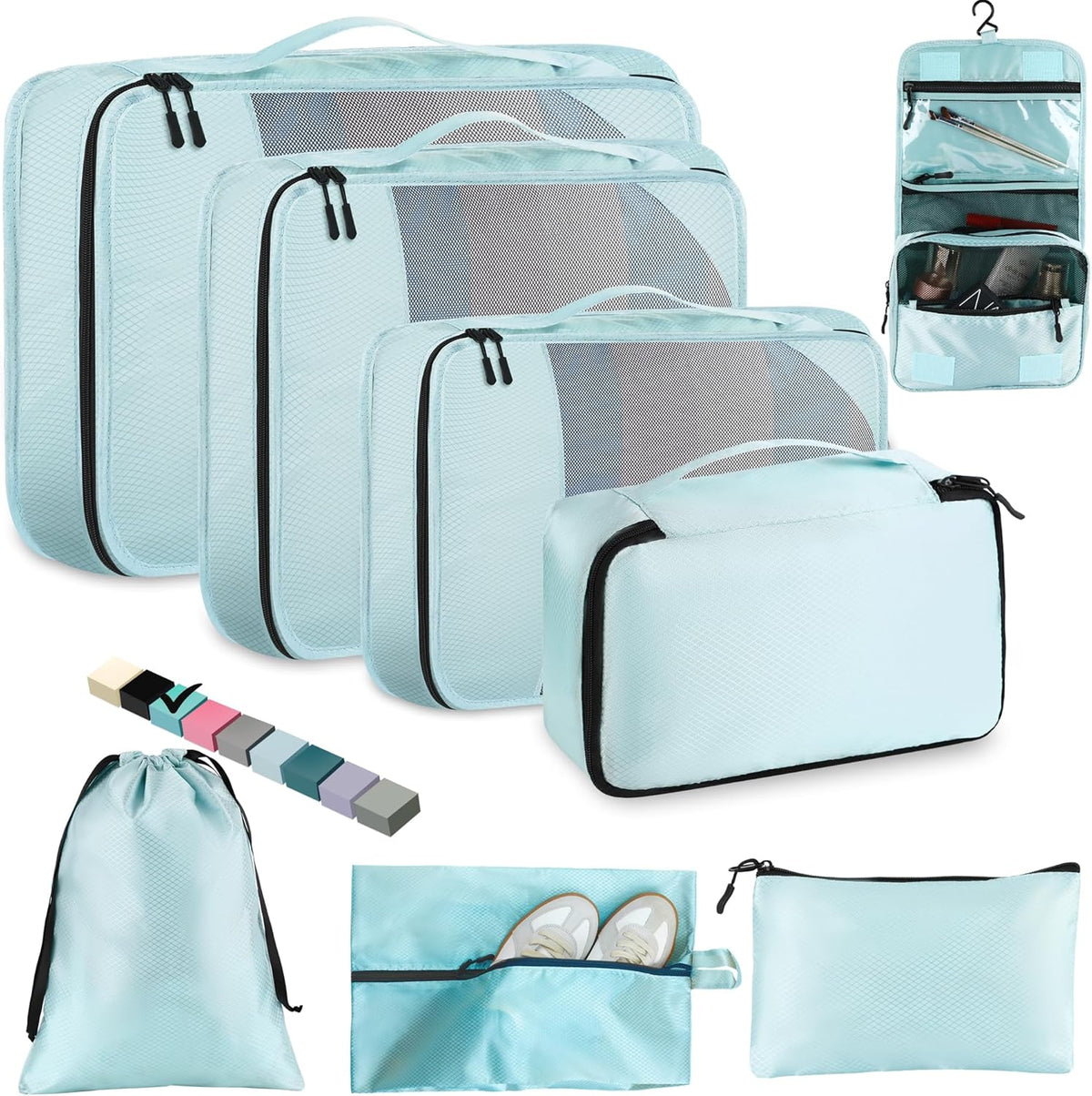 8-Piece Packing Cubes for Travel, 2026 Upgraded Durable Zippers & Reinforced Mesh, Complete Luggage Organizer Set with Shoe/Toiletry/Laundry Bags, 4 Sizes for Suitcase, Men Women, (Purple)
