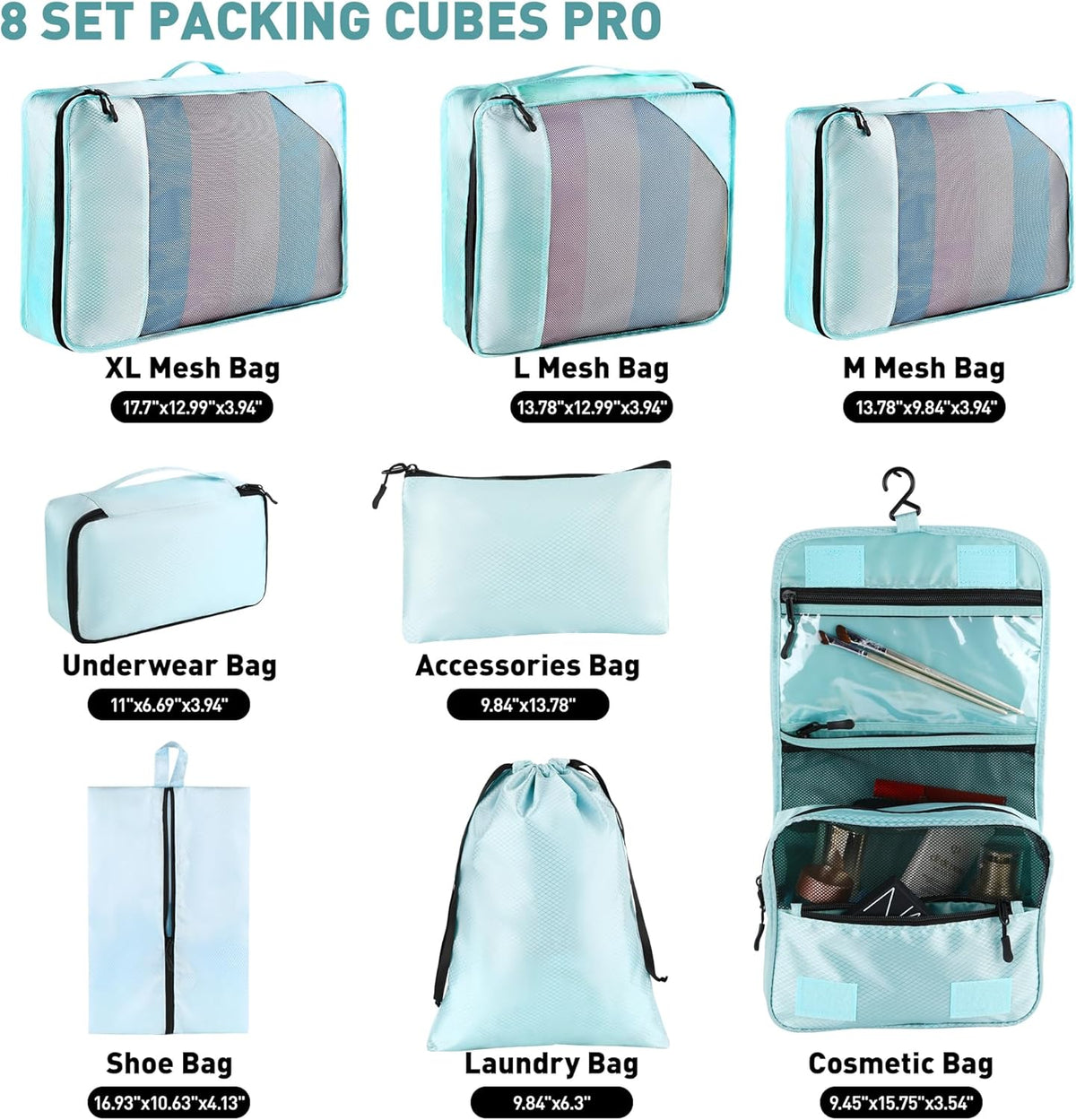 8-Piece Packing Cubes for Travel, 2026 Upgraded Durable Zippers & Reinforced Mesh, Complete Luggage Organizer Set with Shoe/Toiletry/Laundry Bags, 4 Sizes for Suitcase, Men Women, (Purple)