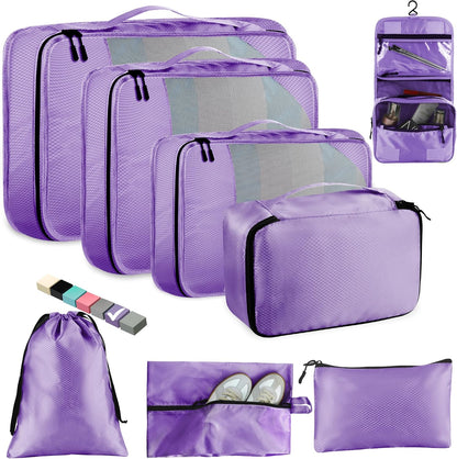 8-Piece Packing Cubes for Travel, 2026 Upgraded Durable Zippers & Reinforced Mesh, Complete Luggage Organizer Set with Shoe/Toiletry/Laundry Bags, 4 Sizes for Suitcase, Men Women, (Purple)