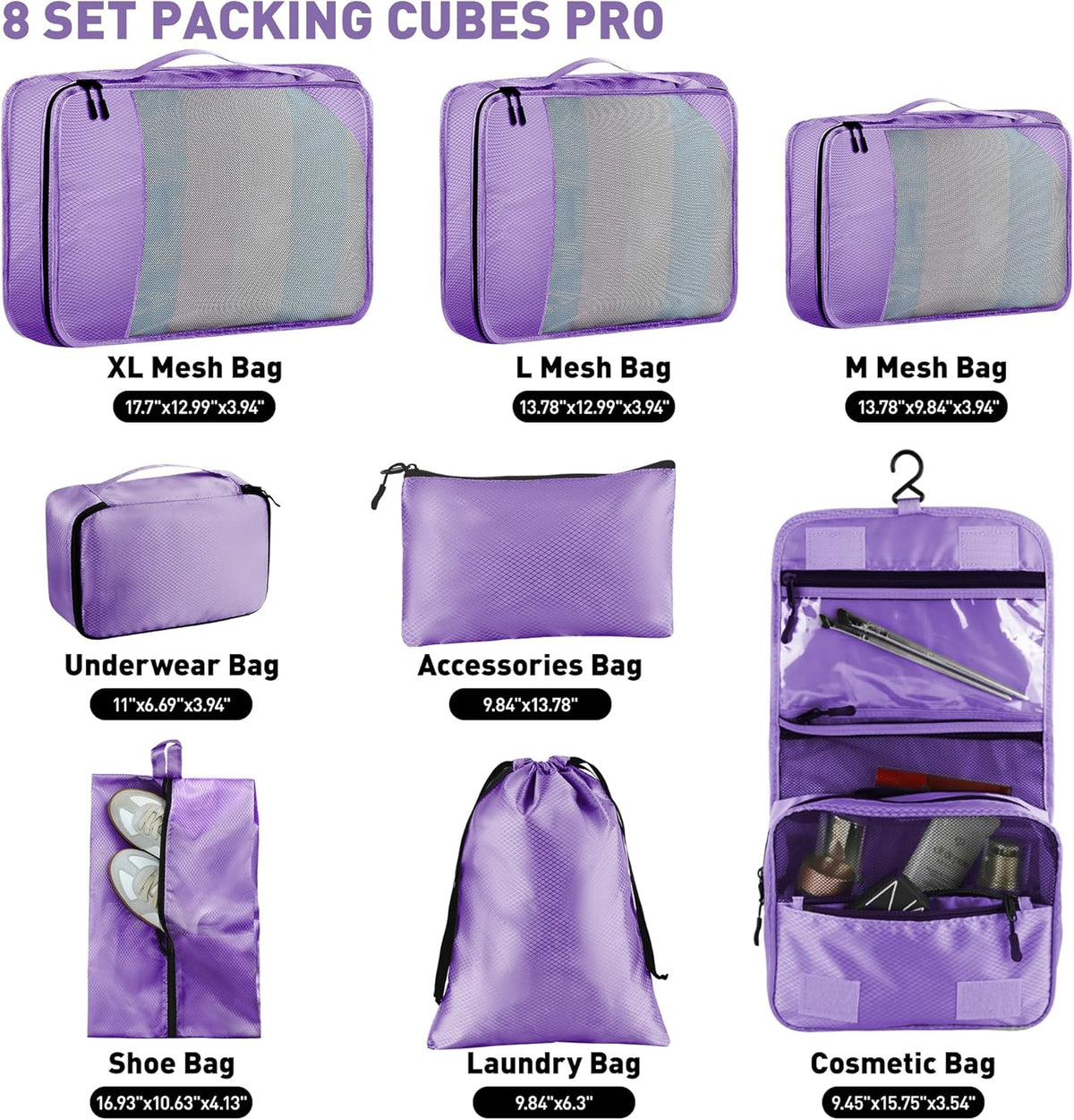 8-Piece Packing Cubes for Travel, 2026 Upgraded Durable Zippers & Reinforced Mesh, Complete Luggage Organizer Set with Shoe/Toiletry/Laundry Bags, 4 Sizes for Suitcase, Men Women, (Purple)