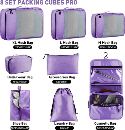 8-Piece Packing Cubes for Travel, 2026 Upgraded Durable Zippers & Reinforced Mesh, Complete Luggage Organizer Set with Shoe/Toiletry/Laundry Bags, 4 Sizes for Suitcase, Men Women, (Purple)