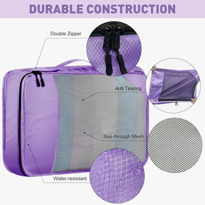 8-Piece Packing Cubes for Travel, 2026 Upgraded Durable Zippers & Reinforced Mesh, Complete Luggage Organizer Set with Shoe/Toiletry/Laundry Bags, 4 Sizes for Suitcase, Men Women, (Purple)