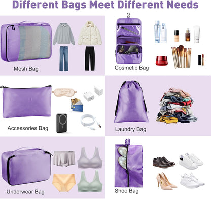 8-Piece Packing Cubes for Travel, 2026 Upgraded Durable Zippers & Reinforced Mesh, Complete Luggage Organizer Set with Shoe/Toiletry/Laundry Bags, 4 Sizes for Suitcase, Men Women, (Purple)