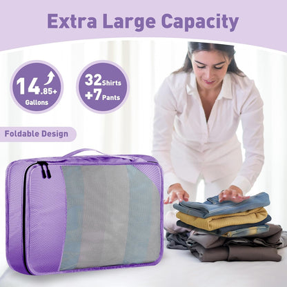 8-Piece Packing Cubes for Travel, 2026 Upgraded Durable Zippers & Reinforced Mesh, Complete Luggage Organizer Set with Shoe/Toiletry/Laundry Bags, 4 Sizes for Suitcase, Men Women, (Purple)