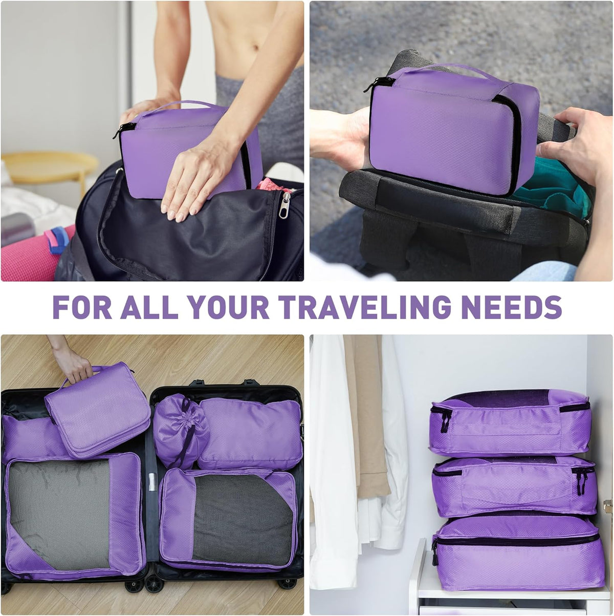 8-Piece Packing Cubes for Travel, 2026 Upgraded Durable Zippers & Reinforced Mesh, Complete Luggage Organizer Set with Shoe/Toiletry/Laundry Bags, 4 Sizes for Suitcase, Men Women, (Purple)