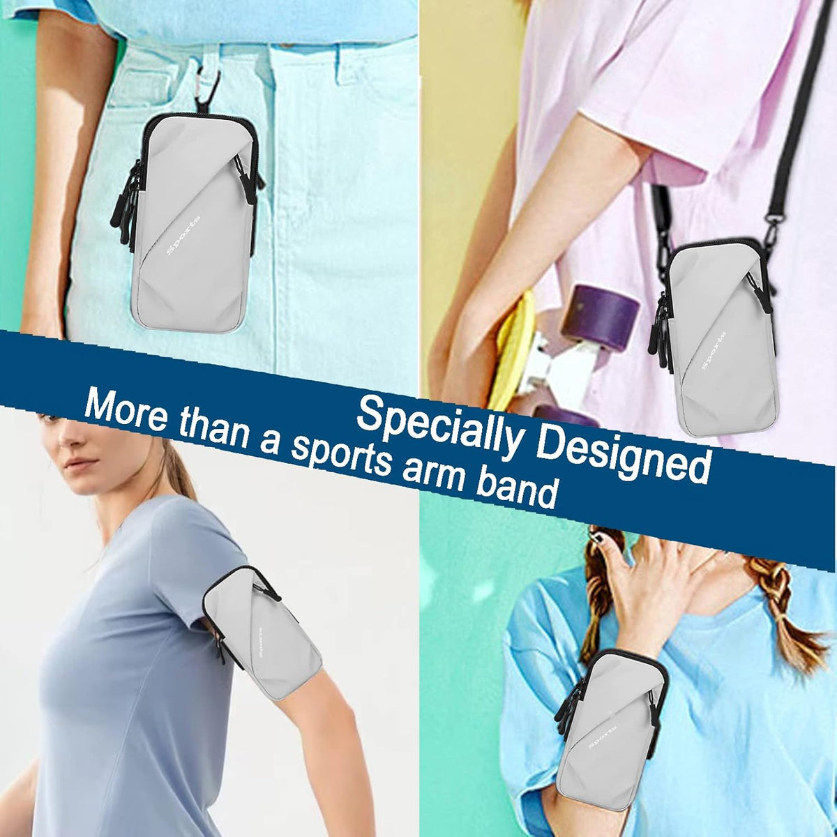 Phone Holder, Small Crossbody Shoulder Holsters Bag with Arm Band, Fits iPhone and Android, Use for Running, Walking, Hiking & Biking (6.7 Inches, Grayish White)