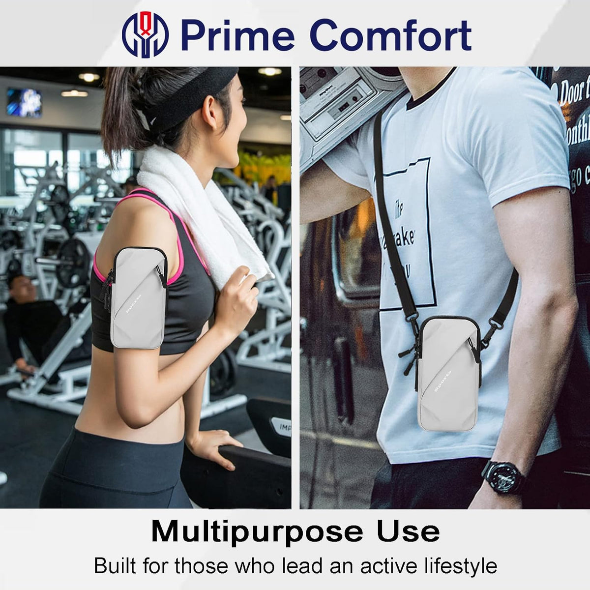 Phone Holder, Small Crossbody Shoulder Holsters Bag with Arm Band, Fits iPhone and Android, Use for Running, Walking, Hiking & Biking (6.7 Inches, Grayish White)