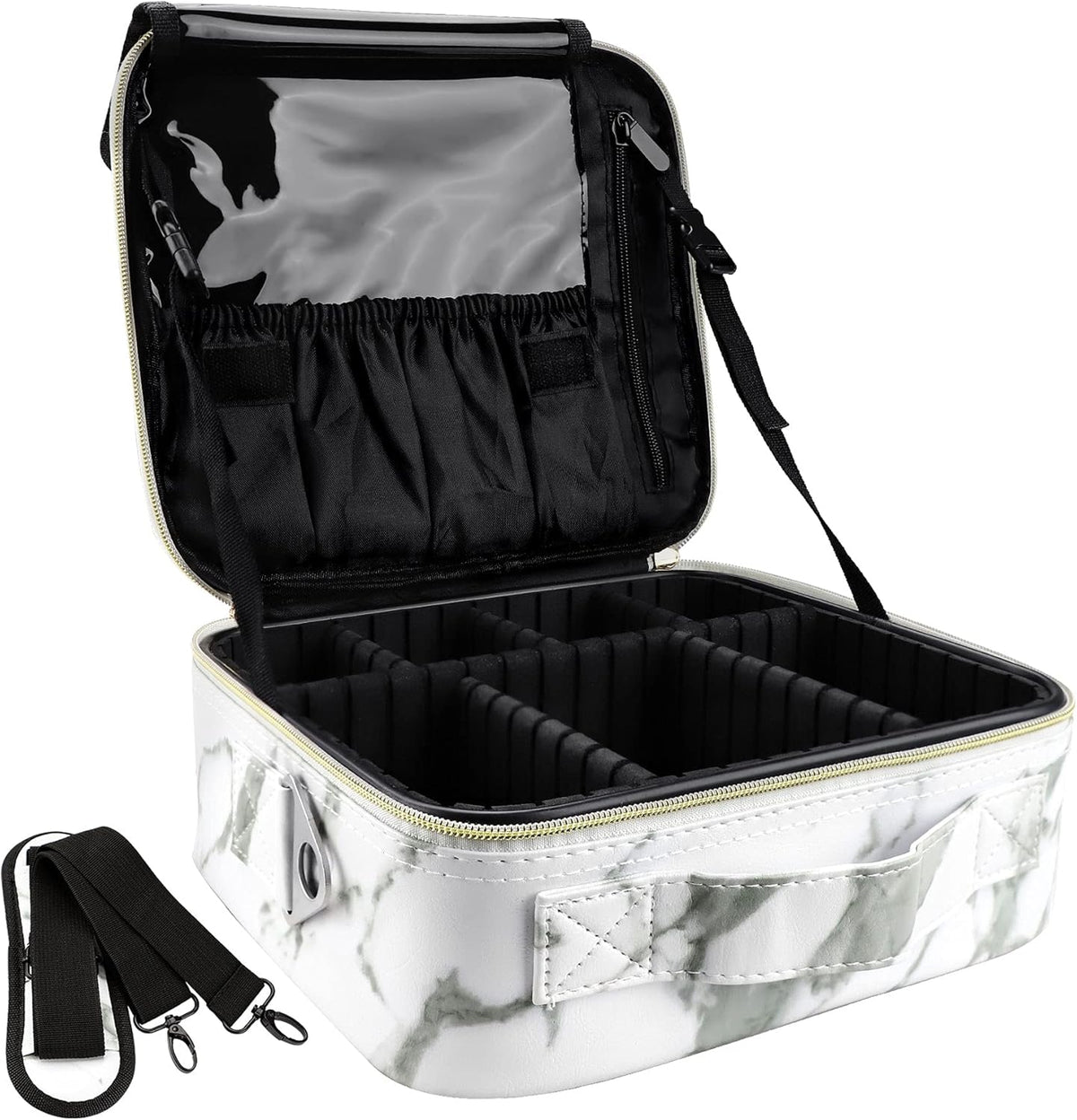Travel Makeup Bag 10.4 Inches Portable Makeup Train Case Cosmetic Bag Organizer with Adjustable Dividers and Shoulder Strap for Cosmetics Brushes Toiletry Jewelry Digital Accessories (Marble)