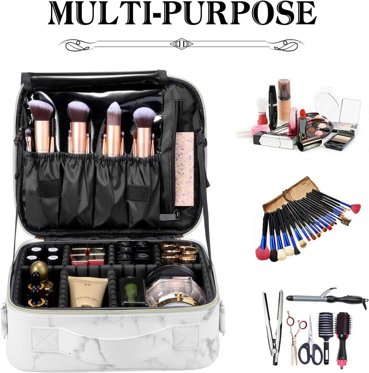 Travel Makeup Bag 10.4 Inches Portable Makeup Train Case Cosmetic Bag Organizer with Adjustable Dividers and Shoulder Strap for Cosmetics Brushes Toiletry Jewelry Digital Accessories (Marble)