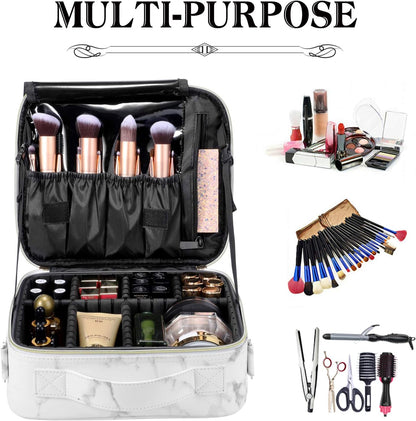 Travel Makeup Bag 10.4 Inches Portable Makeup Train Case Cosmetic Bag Organizer with Adjustable Dividers and Shoulder Strap for Cosmetics Brushes Toiletry Jewelry Digital Accessories (Marble)