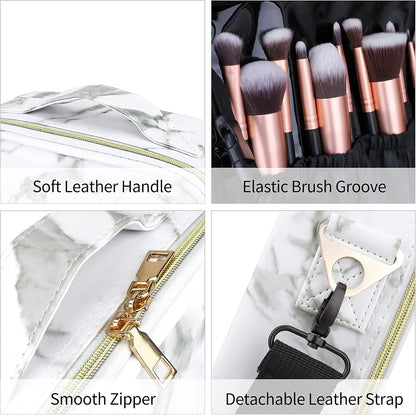 Travel Makeup Bag 10.4 Inches Portable Makeup Train Case Cosmetic Bag Organizer with Adjustable Dividers and Shoulder Strap for Cosmetics Brushes Toiletry Jewelry Digital Accessories (Marble)