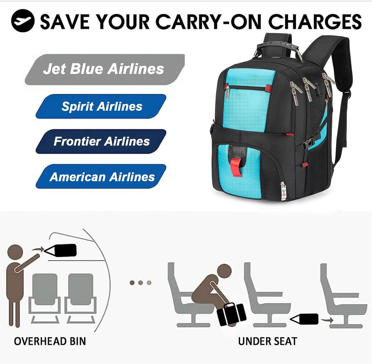 17x13x8 Inches Laptop College Travel Backpacks for Men Women, Under-Seat Backpack for JetBlue, Spirit, Frontier(Black)