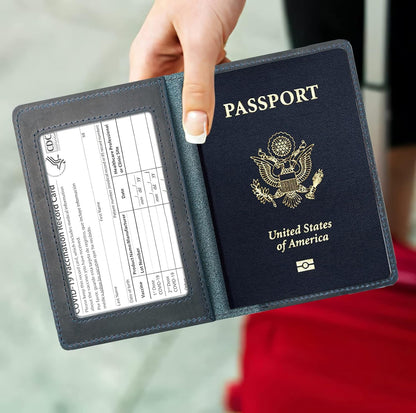 Genuine Leather Passport and Vaccine Card Holder Combo, RFID Blocking, Coffee, Unisex
