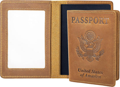 Genuine Leather Passport and Vaccine Card Holder Combo, RFID Blocking, Coffee, Unisex