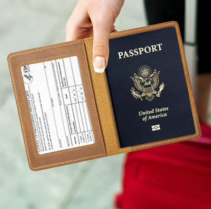 Genuine Leather Passport and Vaccine Card Holder Combo, RFID Blocking, Coffee, Unisex