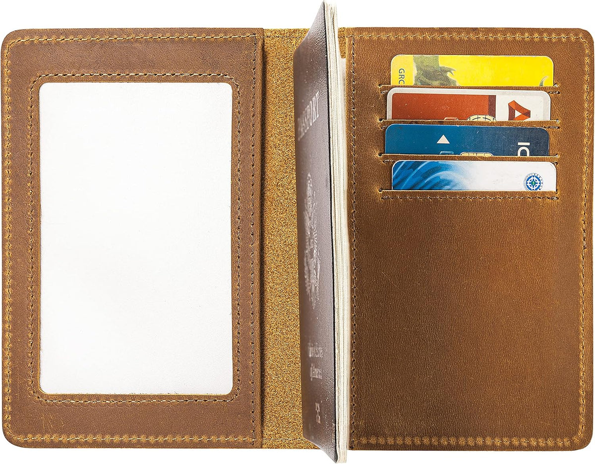 Genuine Leather Passport and Vaccine Card Holder Combo, RFID Blocking, Coffee, Unisex