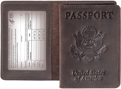 Genuine Leather Passport and Vaccine Card Holder Combo, RFID Blocking, Coffee, Unisex