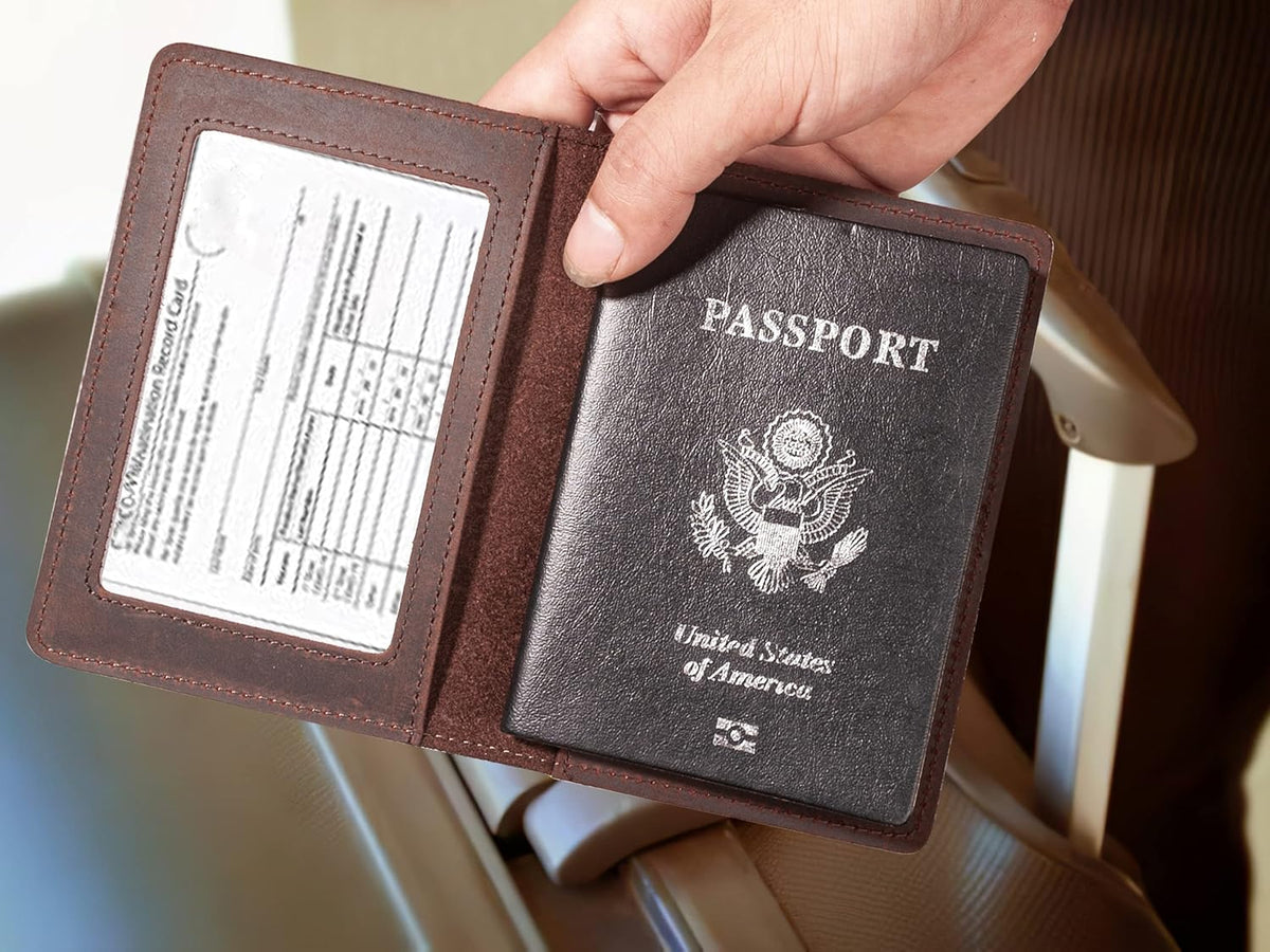 Genuine Leather Passport and Vaccine Card Holder Combo, RFID Blocking, Coffee, Unisex