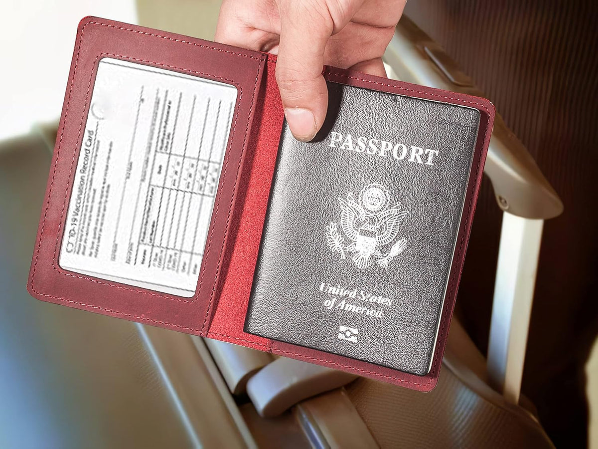 Genuine Leather Passport and Vaccine Card Holder Combo, RFID Blocking, Coffee, Unisex