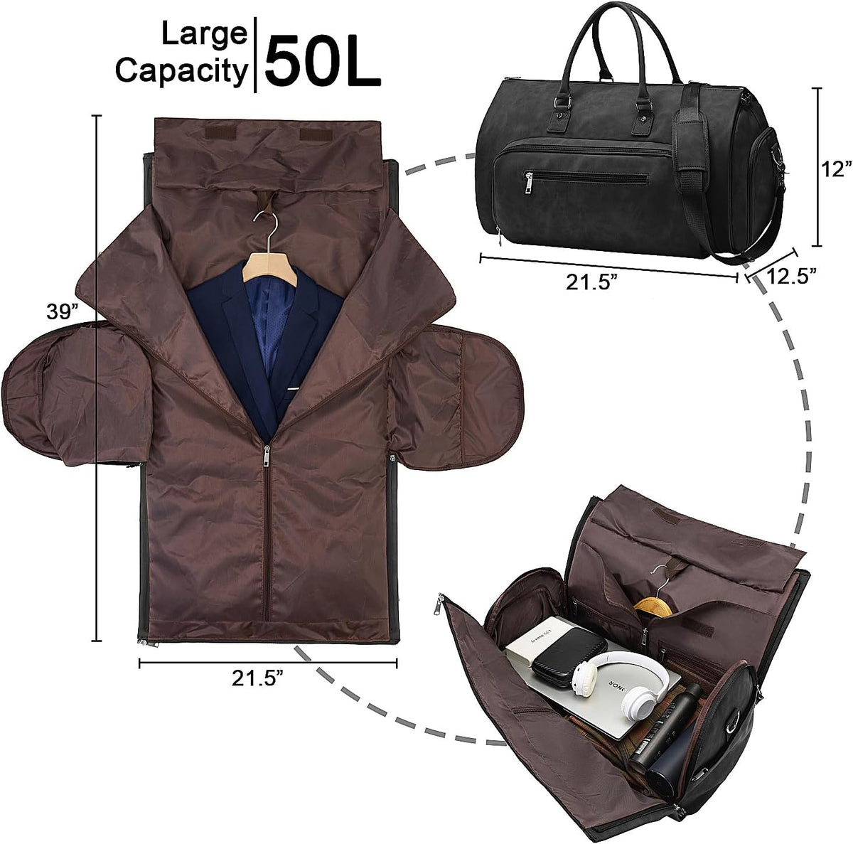 Travel Garment Bag for Men Women, Large, Black | Convertible Carry On, Garment Duffel Bag, 3 in 1, Hanging Suitcase