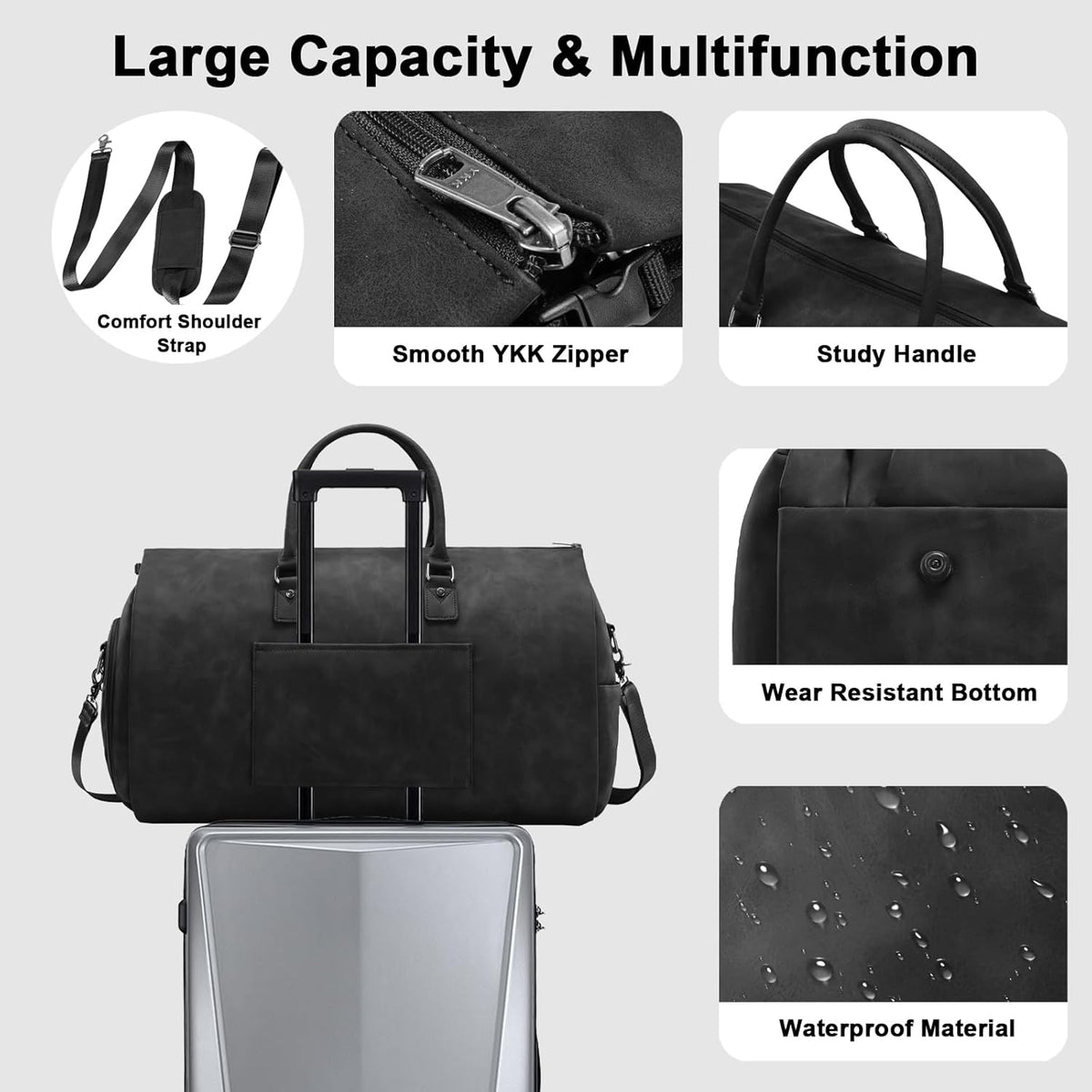 Travel Garment Bag for Men Women, Large, Black | Convertible Carry On, Garment Duffel Bag, 3 in 1, Hanging Suitcase