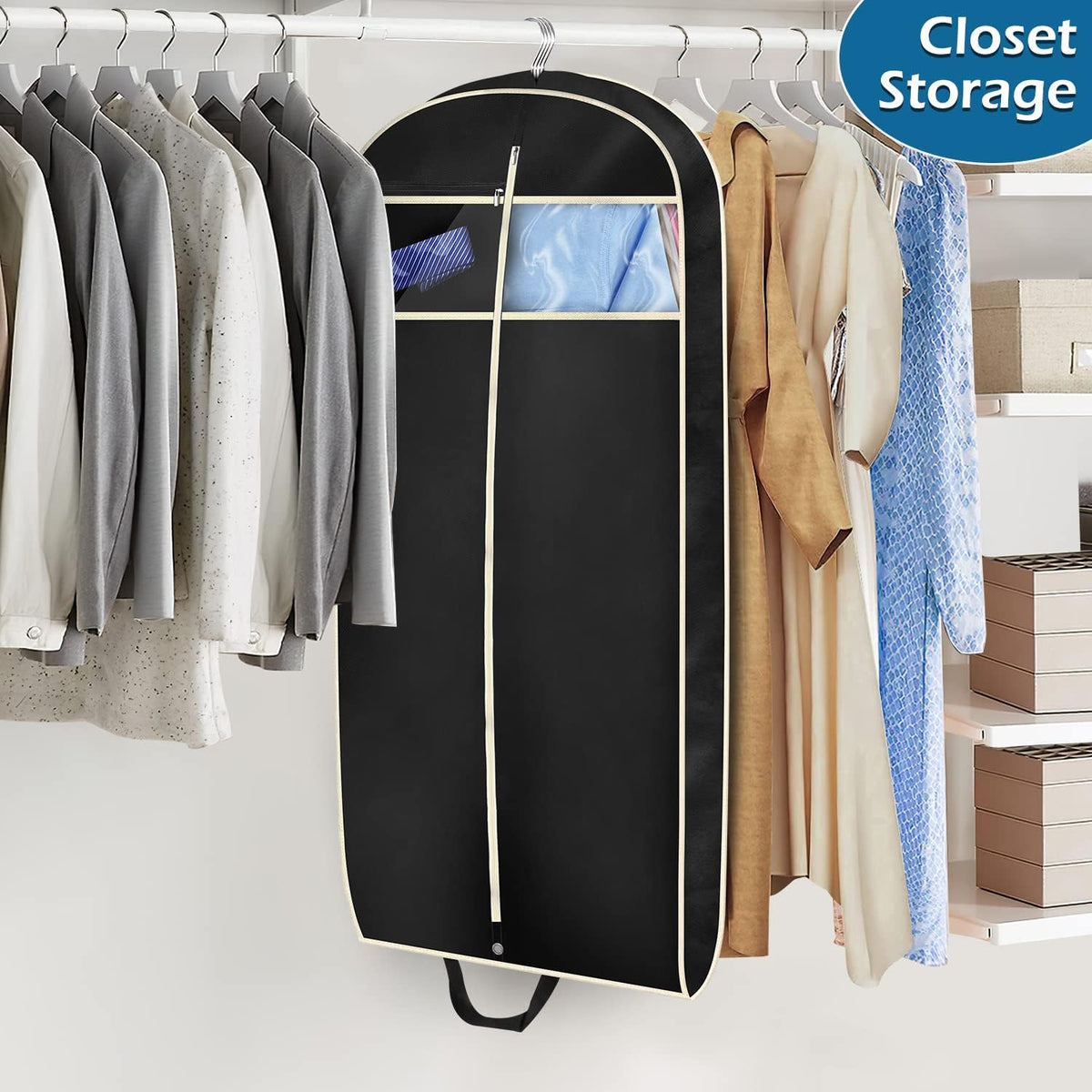 43" Gusseted Travel Garment Bag with Accessories Zipper Pocket Breathable Suit Garment Cover for Shirts Dresses Coats, Black