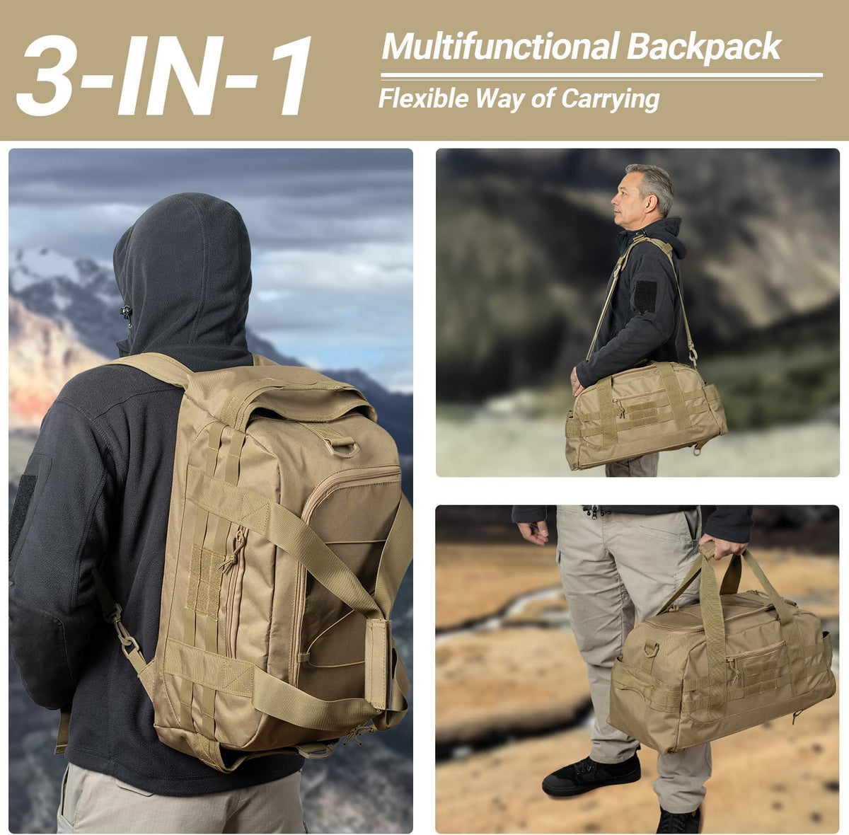 35L Large Duffle Bag, 3-in-1 Tactical Backpack MOLLE Pack for Sports/Gym/Outdoor, Olive Green