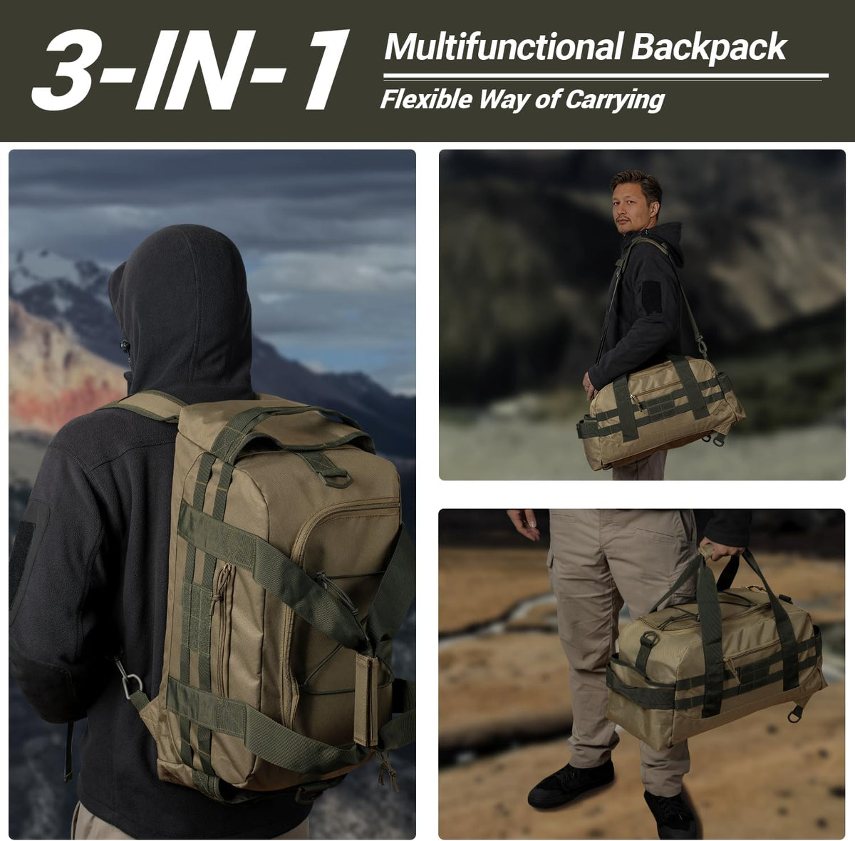 35L Large Duffle Bag, 3-in-1 Tactical Backpack MOLLE Pack for Sports/Gym/Outdoor, Olive Green