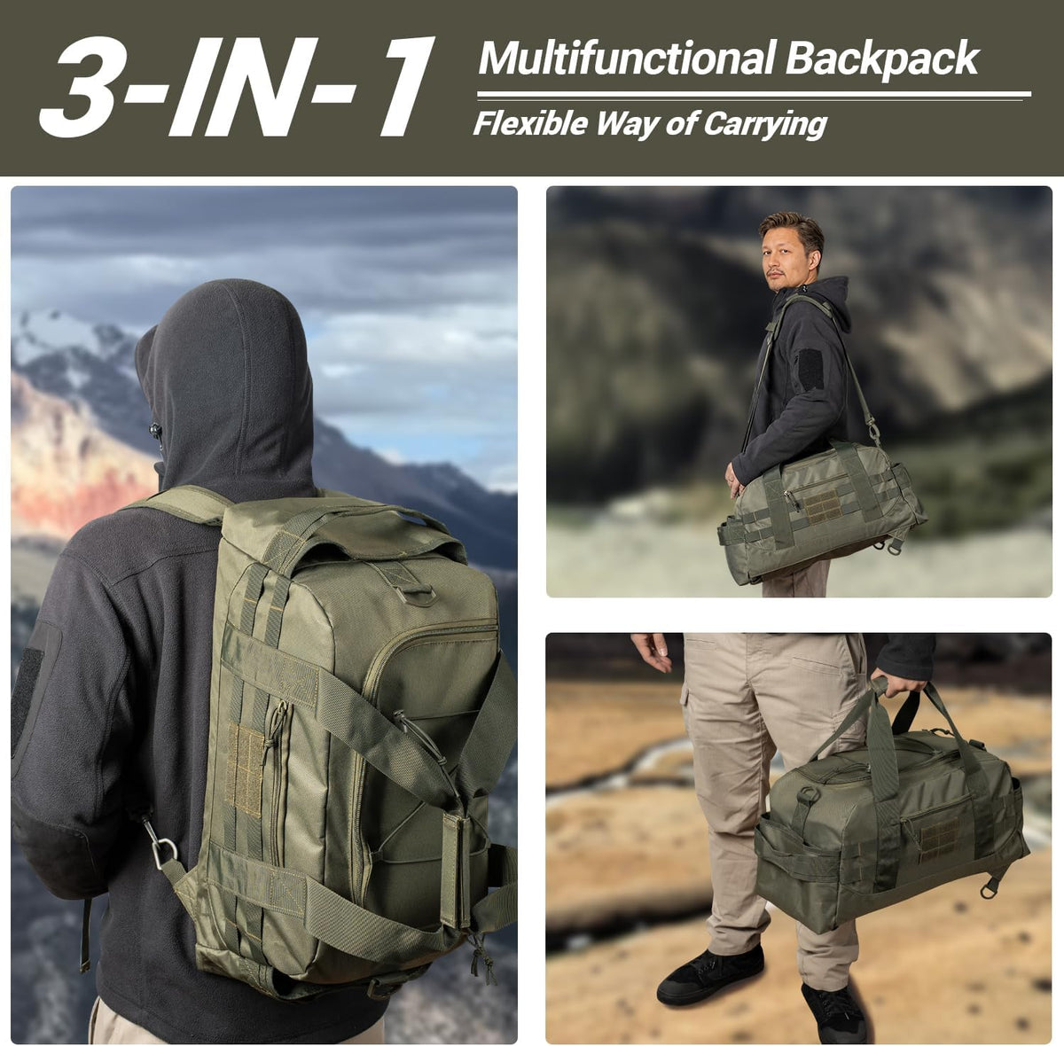 35L Large Duffle Bag, 3-in-1 Tactical Backpack MOLLE Pack for Sports/Gym/Outdoor, Olive Green