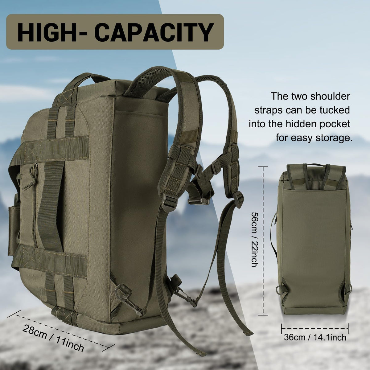35L Large Duffle Bag, 3-in-1 Tactical Backpack MOLLE Pack for Sports/Gym/Outdoor, Olive Green