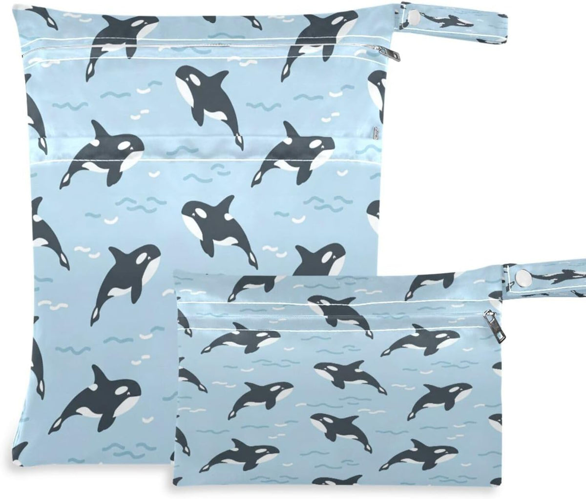 2-Pack Orca Whale Wet Dry Bag for Diapers & Swimsuits - Waterproof Reusable Storage | Leakproof Beach Toiletries & Clothes Pouch