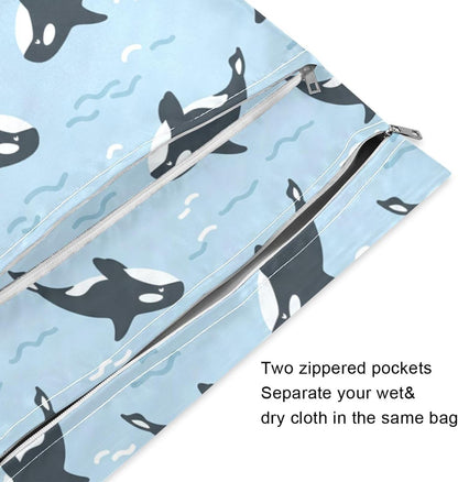 2-Pack Orca Whale Wet Dry Bag for Diapers & Swimsuits - Waterproof Reusable Storage | Leakproof Beach Toiletries & Clothes Pouch