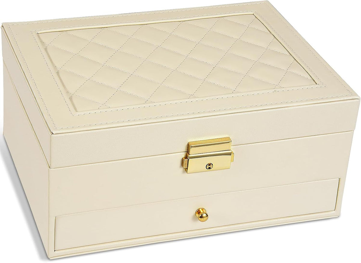 Jewelry Box for Women Girl Wife - Large PU Leather Jewelry Organizer Storage Case with Two Layers Display for Earrings Bracelets Rings Watches (Champagne)