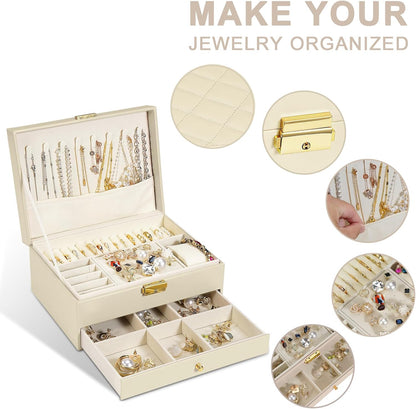 Jewelry Box for Women Girl Wife - Large PU Leather Jewelry Organizer Storage Case with Two Layers Display for Earrings Bracelets Rings Watches (Champagne)