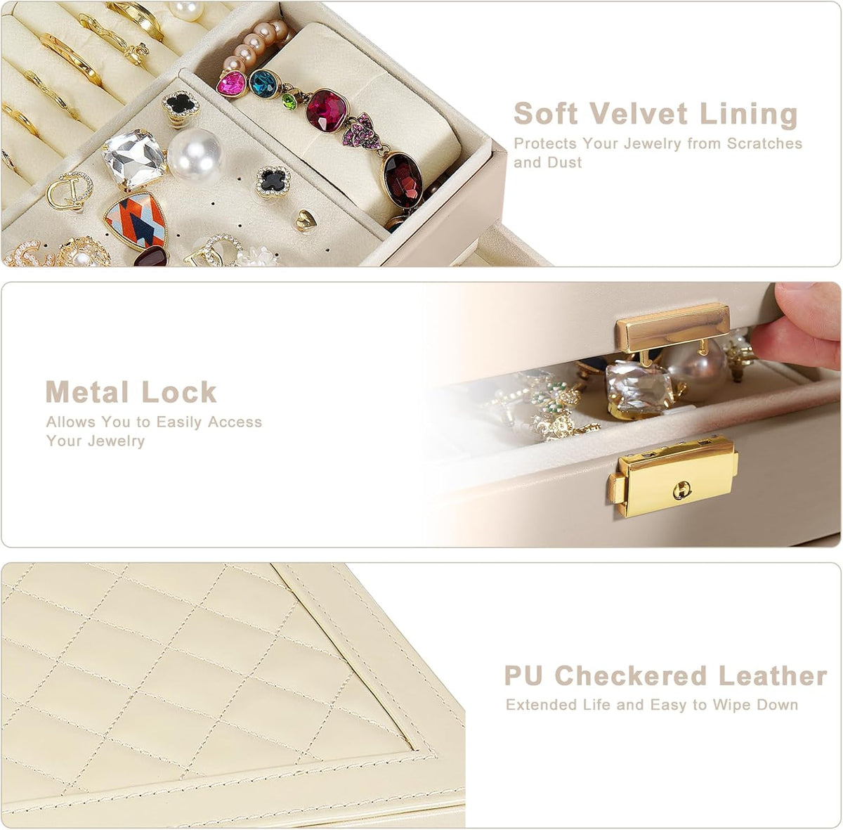 Jewelry Box for Women Girl Wife - Large PU Leather Jewelry Organizer Storage Case with Two Layers Display for Earrings Bracelets Rings Watches (Champagne)