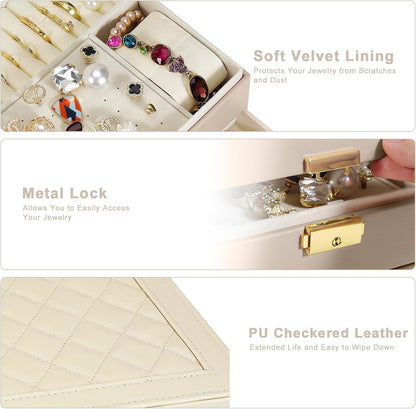 Jewelry Box for Women Girl Wife - Large PU Leather Jewelry Organizer Storage Case with Two Layers Display for Earrings Bracelets Rings Watches (Champagne)
