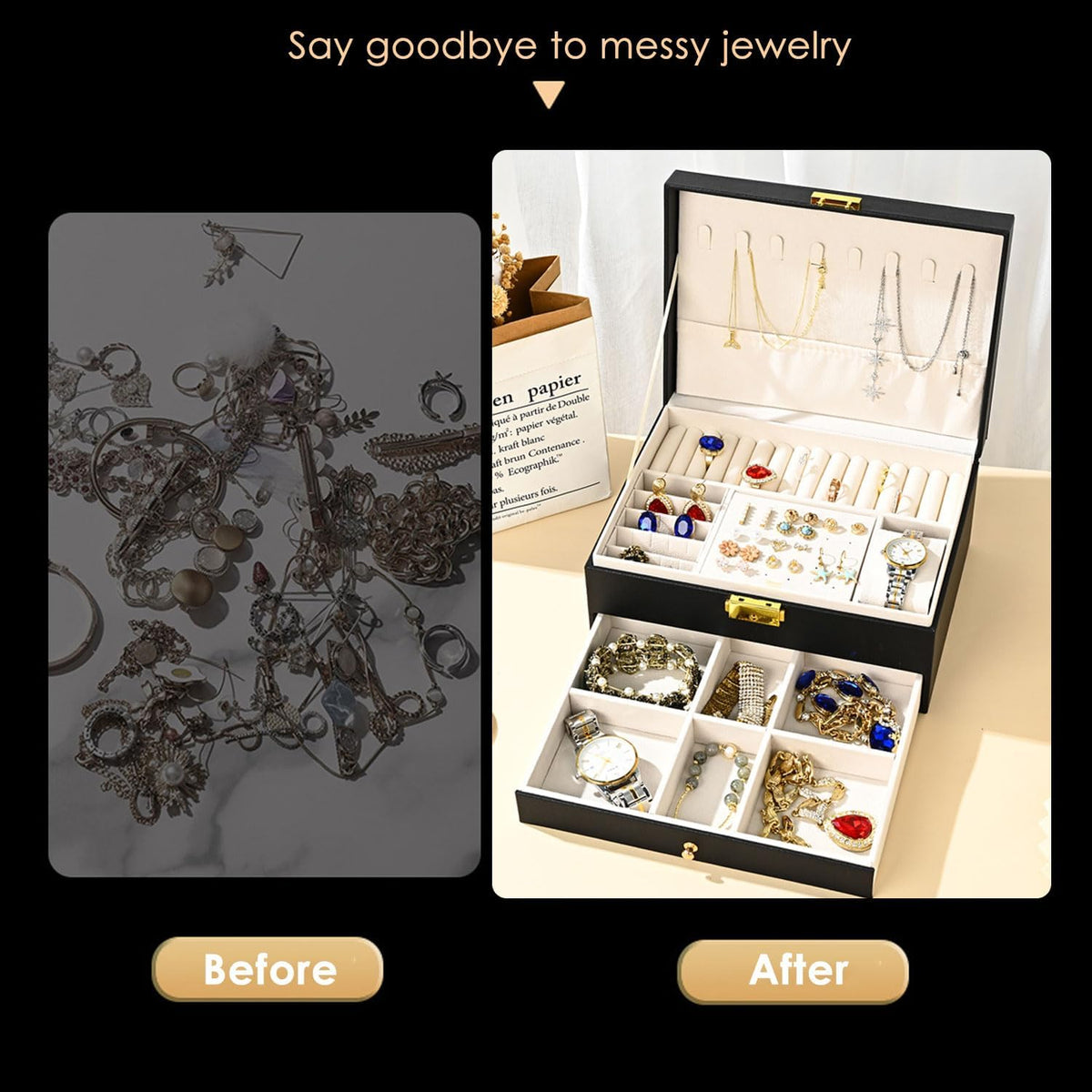 Jewelry Box for Women Girl Wife - Large PU Leather Jewelry Organizer Storage Case with Two Layers Display for Earrings Bracelets Rings Watches (Champagne)