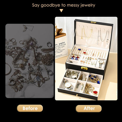 Jewelry Box for Women Girl Wife - Large PU Leather Jewelry Organizer Storage Case with Two Layers Display for Earrings Bracelets Rings Watches (Champagne)