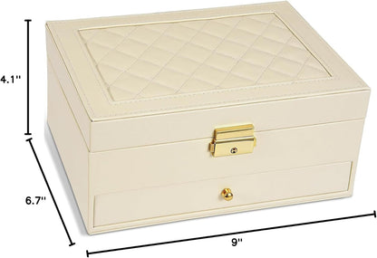 Jewelry Box for Women Girl Wife - Large PU Leather Jewelry Organizer Storage Case with Two Layers Display for Earrings Bracelets Rings Watches (Champagne)