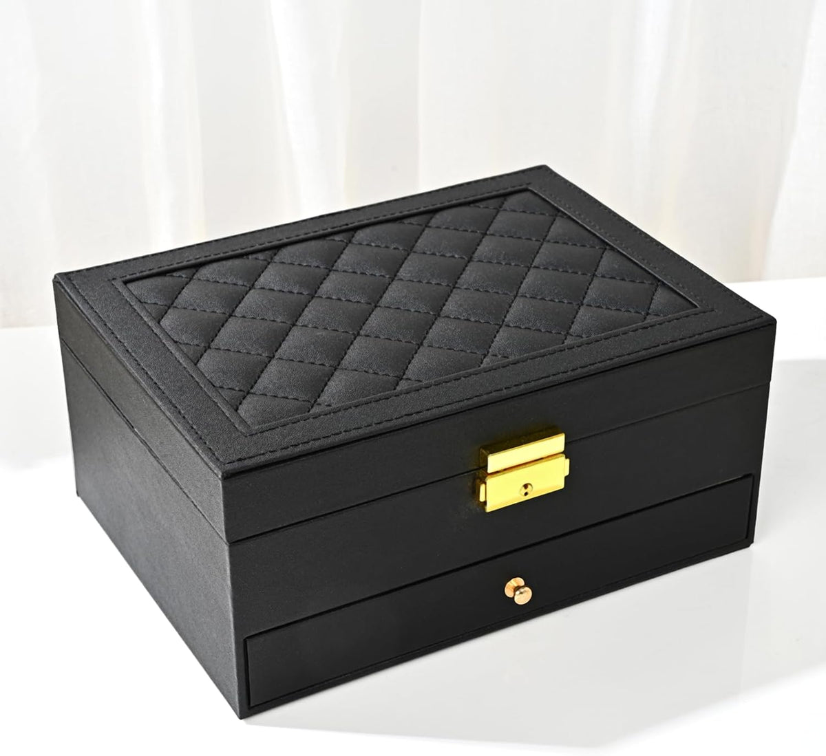 Jewelry Box for Women Girl Wife - Large PU Leather Jewelry Organizer Storage Case with Two Layers Display for Earrings Bracelets Rings Watches (Champagne)