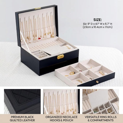Jewelry Box for Women Girl Wife - Large PU Leather Jewelry Organizer Storage Case with Two Layers Display for Earrings Bracelets Rings Watches (Champagne)